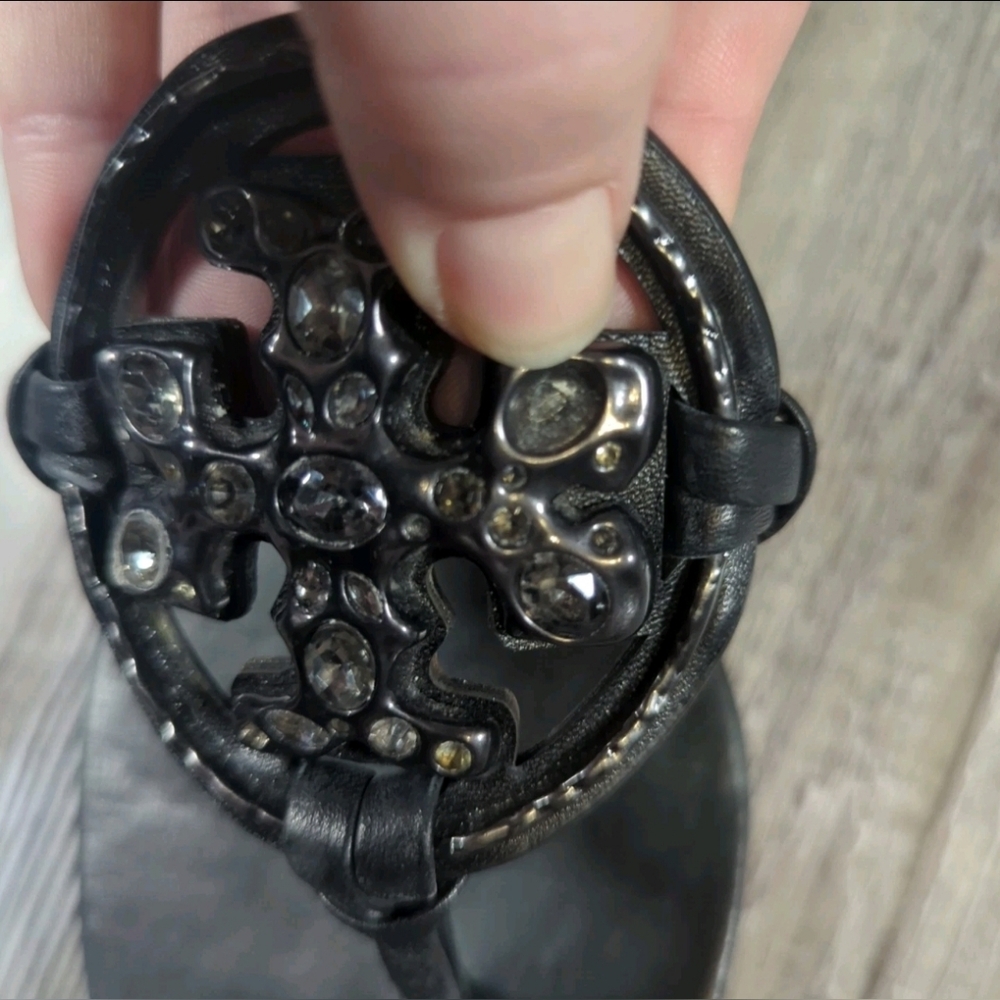 Tory Burch Designer Jeweled Miller Napa Black Leather Sandal Flip Flop Thong 9.5 - Picture 7 of 12